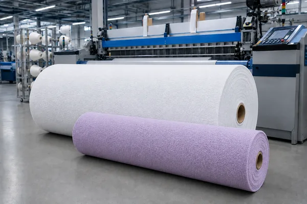 Rollen badstof in de kleuren wit en lila in een weverij
