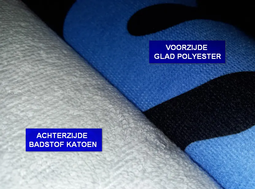 Strandlaken met bedrukte voorzijde van glad polyester en een achterzijde van badstof katoen Strandlaken met bedrukte voorzijde van glad polyester en een achterzijde van badstof katoen